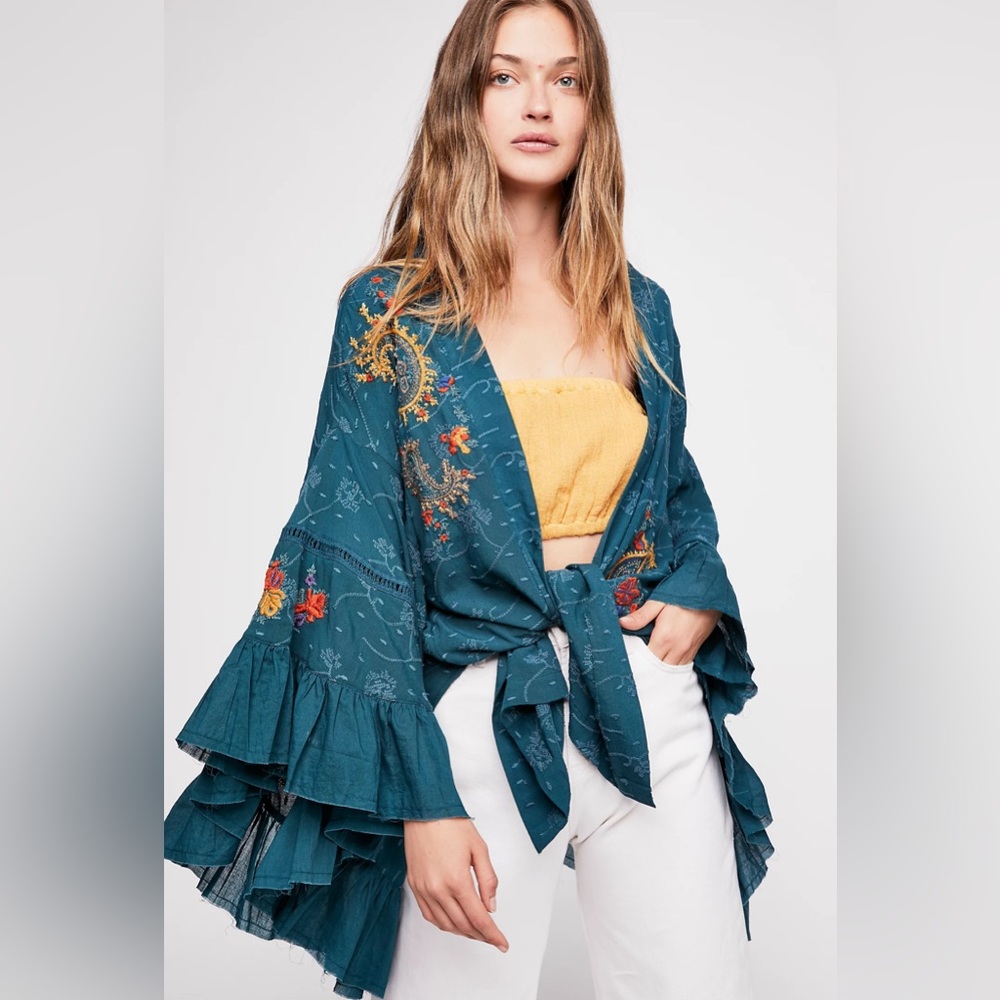 Free People Women’s Dottie West Embroidered Ruffled Kimono - Picture 5 of 14